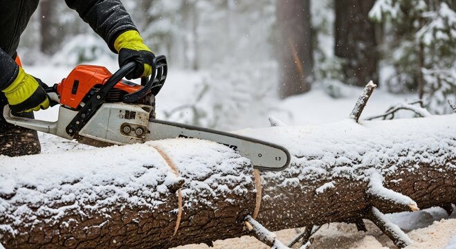 Close-up of a person in yellow gloves cutting a snow-covered log with a powerful chainsaw in a winter forest, creating sawdust.
