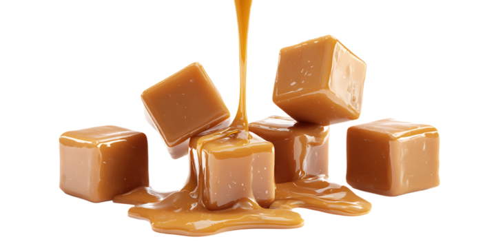 Caramel Squares With Syrup Pouring Down on Transparent Background for Food Photography, PNG
