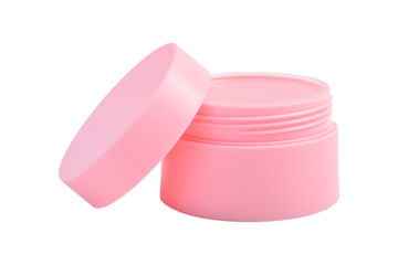 Pink cosmetic jar container with open lid on white background. Blank product template for beauty and health