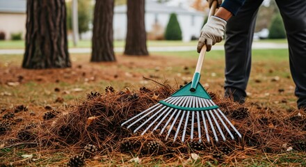 Close-up of a Person Wearing Gloves Raking a Pile of Brown Pine Needles and Cones in a Residential Yard During Fall Cleanup