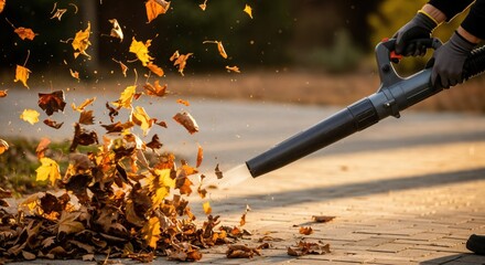 Close-up of a person's gloved hands operating a powerful leaf blower, efficiently clearing a vibrant pile of autumn leaves from a paved outdoor surface during a sunny fall day