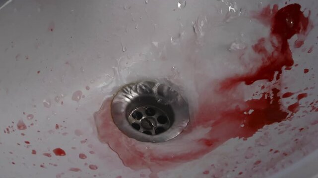Close up view of dark red colored paint or blood being washed away by running water under a white colored bathroom sink in slow motion. Water splashing around, and bloos spatter visible flying.