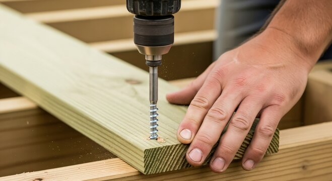 Close-up of a male worker's hand using an electric power drill to fasten a screw into a green treated wooden plank during outdoor deck construction.
