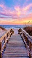 Fototapeta premium Beach Path, Wooden Boardwalk Leading to Ocean, Sand Dunes, Colorful Sunset