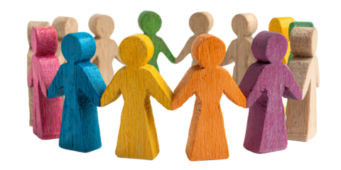 Circle of Colorful Wooden Figurines Holding Hands on Transparent Background, PNG