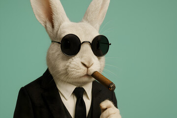 mafia-looking rabbit wearing sunglasses and smoking a cigarette