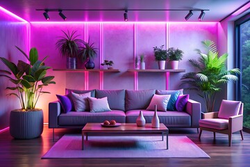 Modern living room with a comfortable grey sofa accent chair and lush green plants illuminated by vibrant purple and pink ambient led lighting creating a cozy atmosphere