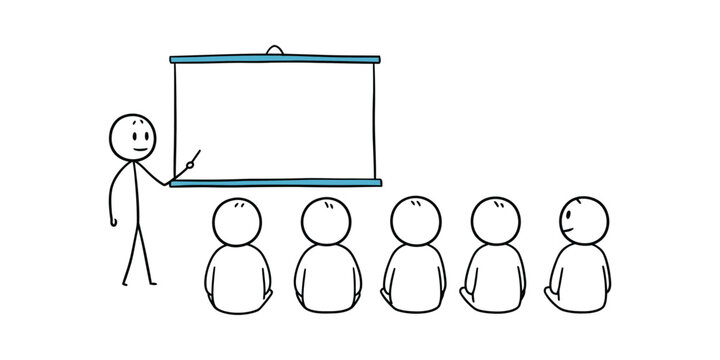 Hand-drawn doodle of a stick figure presenting to an audience with a blank screen