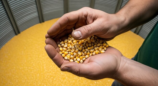Close-up of a farmer's hands holding a handful of golden corn kernels, with a vast storage of grain inside a metal silo in the background, representing harvest and agricultural abundance.
