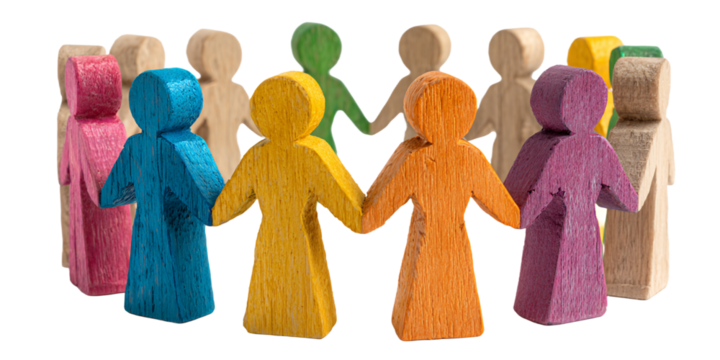 Circle of Colorful Wooden Figurines Holding Hands on Transparent Background, PNG