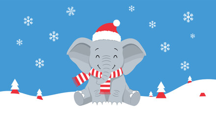 An adorable baby elephant wearing a red Santa hat and striped scarf sits happily in a festive snowy winter wonderland with snowflakes falling.