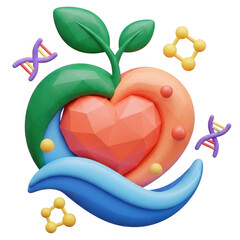 Heart apple symbolizing health and genetics with dna and molecules isolated on transparent background