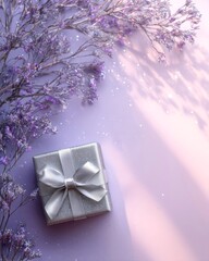 small silver gift box tied with satin ribbon, surrounded by delicate twigs with tiny purple flowers on pastel pink lavender background, glitter, copy space, holiday template, elegant festive mock up