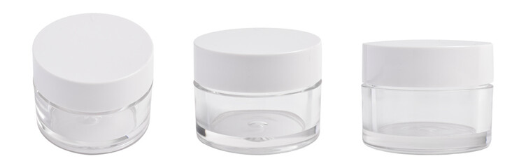 Set of Clear glass cosmetic jar with lid isolated on white background, for skincare or cream product packaging design.