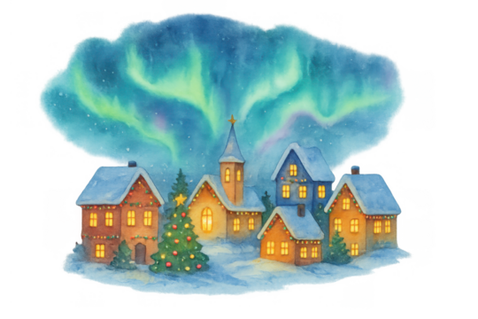 Snowy christmas village scene with sparkling lights and northern lights during winter holidays, watercolor on transparent background - Powered by Adobe