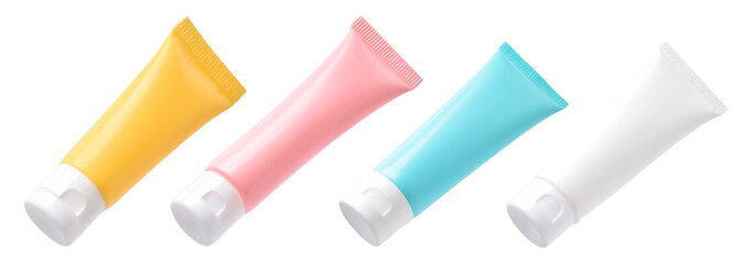 Colletion of tube of cream isolated white background, mockup plastic tube for cosmetics