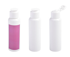 Set of shower gel or shampoo in clean white plastic cosmetics bottle isolated on white background.