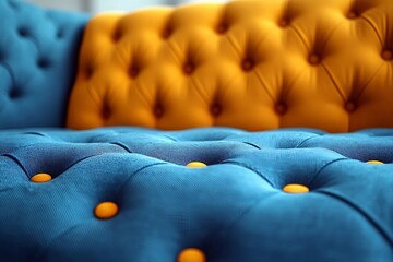 Obraz premium CloseUp of Elegant Blue Tufted Sofa with Bright Goldenrod Backrest Pillows Cushioning