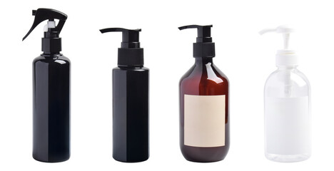 Set of cosmetic pump and spray bottles isolated on white background for beauty, skincare, or liquid product packaging design.