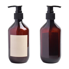 Amber bottle with dispenser pump for soap, shampoo or lotion on white background