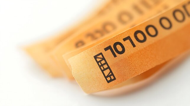 Close up of Stacked Orange Paper Tickets with Black Numbering on White Background - Powered by Adobe