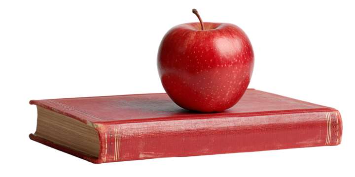 Classic Red Apple Balanced on a Thick Red Book with a Transparent Background for Educational Themes, PNG