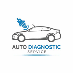 Auto diagnostic service logo with car silhouette and spark plug icon.