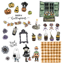 Hand-drawn watercolor Halloween clipart set – pumpkins, ghosts, candies, and autumn decorations (transparent background)