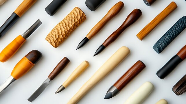 Collection of Chisels and Carving Tools with Wooden Handles Displayed on a White Surface