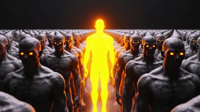 A glowing figure stands before a multitude of dark beings with glowing orange eyes