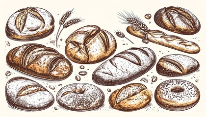 Illustration of various types of artisanal breads with wheat