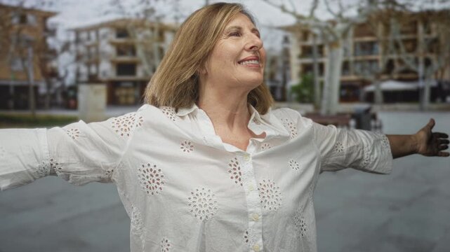 Woman wearing a white blouse opens arms and tilts her head upward on an urban street lined with buildings; joy bliss delight happiness elation pleasure cheer glee contentment jubilation.