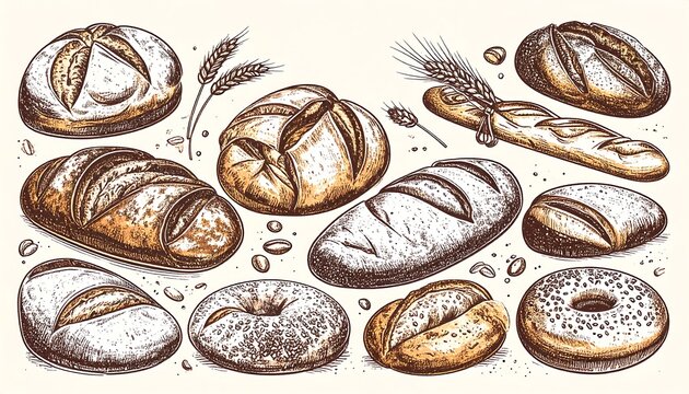 Illustration of various types of artisanal breads with wheat