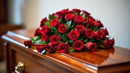 A solemn arrangement of deep red roses rests atop a polished wooden coffin, a final tribute of love and remembrance, loss, sorrow, farewell