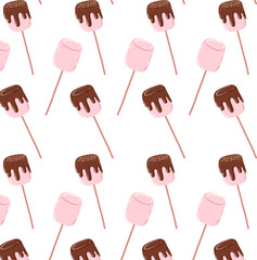 Chocolate Marshmallow Pops Seamless Pattern. Hand drawn Flat Vector Illustrations