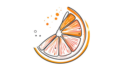 Stylized orange slice illustration with bright orange hues and sketched details on a black background, splash effect