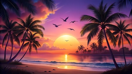 Vibrant tropical sunset over a serene ocean beach with silhouetted palm trees and flying birds reflecting in the calm water
