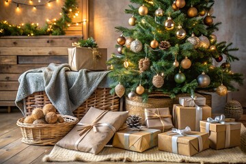 Cozy christmas eve scene with a beautifully decorated evergreen tree surrounded by wrapped gifts and warm ambient lighting creating a festive holiday atmosphere