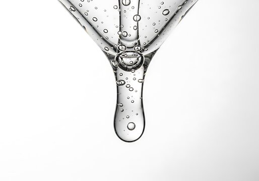 Clear liquid droplet falling from pipette with bubbles