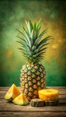 A whole ripe pineapple standing tall with slices and a ring on a wooden surface against a textured green and yellow background