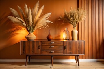 Warm and inviting mid century modern sideboard with dried pampas grass arrangements and decorative vases casting soft shadows on a textured wall
