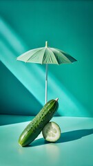 A fresh green cucumber and a slice of cucumber are artfully arranged under a small white umbrella on a vibrant teal background with dramatic shadows
