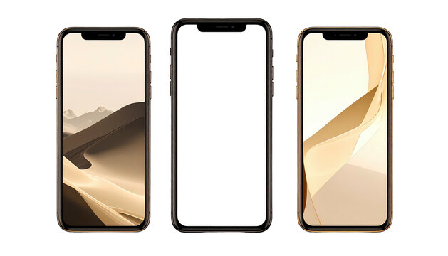 Three smartphones displaying sand dune imagery and a blank screen, isolated on black