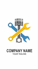 Automotive Repair Logo Featuring Piston and Wrenches.