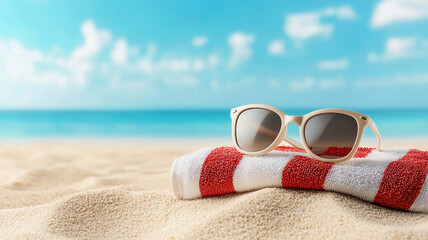 Beach towel and sunglasses rest on warm sand under clear blue sky, evoking sense of relaxation