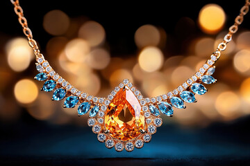 Stunning necklace with large orange gemstone and blue accents, set against bokeh background