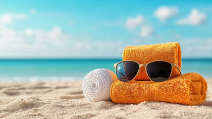 Beach towel and sunglasses rest on warm sand by sea, evoking sense of relaxation