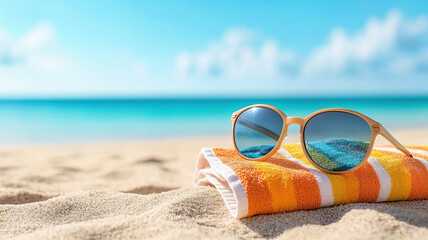 Beach towel and sunglasses resting on warm sand under clear blue sky