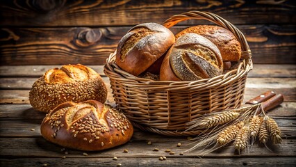 Artisan sourdough bread loaves freshly baked in a wicker basket with wheat stalks on a rustic wooden table background