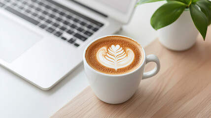 Coffee cup with latte art on desk near laptop and plant